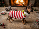 Christmas striped sweater for dog with pom poms, christmas sweater for dachshund,christmas dog clothes