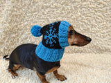 Snowflake Christmas dog hat with pom-pom, Handmade pet clothing Warm winter beanie for dachshund closed ears, fogs lover gift