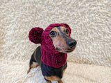 Hand-Knitted Dachshund Snood with Pompoms, Funny Dog Hat for Small Breeds, Animal Style Knitted Dog Hood, Cozy Dachshund Winter Headwear