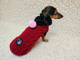 Dachshund Sweater with Pom Pom, Knitted Dog Clothes for Dachshunds, Custom Weenie Dog Coat, Dachshund Gift, Red Cable Knit Dog Sweater
