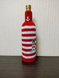 Nautical Knitted Wine Bottle Cover – Lighthouse & Anchor Striped Bottle Sweater, Handmade Coastal Kitchen Decor, Unique Beach House Gift