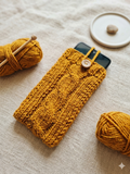 Cozy Cable Knit Phone Cover, Cream White Knitted Phone Pouch with Wooden Button, Protective Smartphone Sleeve, Winter Tech Gift