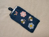 Handmade Knitted Phone Sleeve with Bee and Flower Patches, Green Cell Phone Sock, Cute Aesthetic Phone Pouch, Gift for Nature Lovers