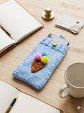 Knitted Phone Case with Strap, Blue Crochet Phone Pouch, Ice Cream Cone Smartphone Sleeve, Puffy Pom Pom Phone Bag, Aesthetic Tech Accessory