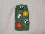 Handmade Knitted Phone Sleeve with Bee and Flower Patches, Green Cell Phone Sock, Cute Aesthetic Phone Pouch, Gift for Nature Lovers
