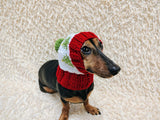 Christmas trees Dog Hat PomPom, Designer Pet Party Clothes outfit, Warm Winter knitted Dachshund cap with Pattern, gift for dogs lover