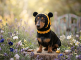 Knitted bee cap for small dog with handmade pompoms
