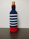 Nautical Knitted Wine Bottle Cover – Lighthouse & Anchor Striped Bottle Sweater, Handmade Coastal Kitchen Decor, Unique Beach House Gift