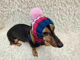 Multi-Color Striped Dog Snood: Hand-Knit Pom-Pom Beanie for Dachshunds