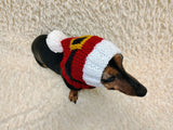 Santa Dog Hat PomPom, Designer Pet Party Clothes outfit, Warm Winter knitted Dachshund cap with Pattern, gift for dogs lover