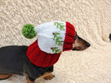 Spruce branch Paw Print Dog Hat PomPom, Designer Pet Party Clothes outfit, Warm Winter knitted Dachshund cap with Pattern, gift dogs lover