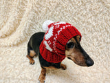 Dog hat print designer handmade festive holiday clothes pet beanie costume, warm winter cap for dachshund with pompom