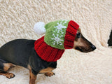 Snowflakes Dog Hat PomPom, Designer Pet Party Clothes outfit, Warm Winter knitted Dachshund cap with Pattern, gift for dogs lover