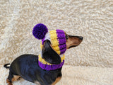 Multi-Color Striped Dog Snood: Hand-Knit Pom-Pom Beanie for Dachshunds