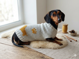 Pet clothes with dachshund and paw, warm handmade knitted sweater for dachshund with paw and dachshund pattern.