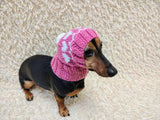 Dog hat with hearts with pom-pom, Handmade pet clothing Warm winter beanie for dachshund closed ears, fogs lover gift
