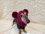 Hand-Knitted Dachshund Snood with Pompoms, Funny Dog Hat for Small Breeds, Animal Style Knitted Dog Hood, Cozy Dachshund Winter Headwear