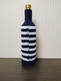 Nautical Knitted Wine Bottle Cover – Lighthouse & Anchor Striped Bottle Sweater, Handmade Coastal Kitchen Decor, Unique Beach House Gift