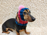Multi-Color Striped Dog Snood: Hand-Knit Pom-Pom Beanie for Dachshunds