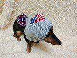 Patriotic Dog Hat with Heart US Flag Pom Pom Warm Winter Wool Dachshund Clothes