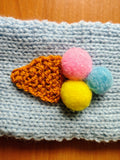 Knitted Phone Case with Strap, Blue Crochet Phone Pouch, Ice Cream Cone Smartphone Sleeve, Puffy Pom Pom Phone Bag, Aesthetic Tech Accessory