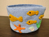 Nautical Rope Basket for Bathroom Storage, Ocean Theme Nursery Decor, Crocheted Blue Toy Basket with Fish, Coastal Gift for Sea Lovers