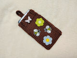 Handmade Knitted Phone Sleeve with Bee and Flower Patches, Green Cell Phone Sock, Cute Aesthetic Phone Pouch, Gift for Nature Lovers