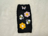 Handmade Knitted Phone Sleeve with Bee and Flower Patches, Green Cell Phone Sock, Cute Aesthetic Phone Pouch, Gift for Nature Lovers