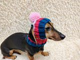 Multi-Color Striped Dog Snood: Hand-Knit Pom-Pom Beanie for Dachshunds