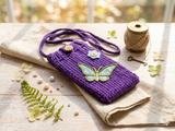 Purple Butterfly Knitted Phone Bag • Aesthetic Fairycore Crossbody Purse • Handmade Floral Cell Phone Sleeve