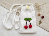 Handmade Knitted Phone Bag • Red Cherry Fruit Decor Phone Case • Aesthetic Gift for Teen Girls