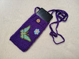 Purple Butterfly Knitted Phone Bag • Aesthetic Fairycore Crossbody Purse • Handmade Floral Cell Phone Sleeve