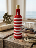 Nautical Knitted Wine Bottle Cover – Lighthouse & Anchor Striped Bottle Sweater, Handmade Coastal Kitchen Decor, Unique Beach House Gift