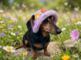 Crochet Dog Sun Hat with Flower Appliqué - Handmade Dachshund Bucket Hat - Floral Pet Summer Accessory - Cute Dog Bonnet with Ear Holes