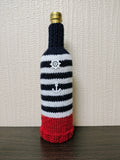 Navy & White Striped Wine Cozy with Red Ribbed Base