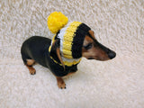 Multi-Color Striped Dog Snood: Hand-Knit Pom-Pom Beanie for Dachshunds