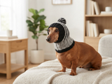 Striped black with gray hat for dog with pompom