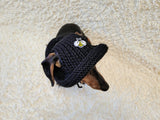 Crochet Dog Sun Hat with Flower Appliqué - Handmade Dachshund Bucket Hat - Floral Pet Summer Accessory - Cute Dog Bonnet with Ear Holes
