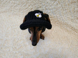 Crochet Dog Sun Hat with Flower Appliqué - Handmade Dachshund Bucket Hat - Floral Pet Summer Accessory - Cute Dog Bonnet with Ear Holes