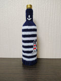 Nautical Knitted Wine Bottle Cover – Lighthouse & Anchor Striped Bottle Sweater, Handmade Coastal Kitchen Decor, Unique Beach House Gift