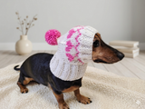 Dog hat with hearts with pom-pom, Handmade pet clothing Warm winter beanie for dachshund closed ears, fogs lover gift
