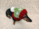 Snowflakes Dog Hat PomPom, Designer Pet Party Clothes outfit, Warm Winter knitted Dachshund cap with Pattern, gift for dogs lover
