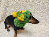 Duck Dog Hat PomPom, Designer Pet Party Clothes outfit, Warm Winter wool knitted Dachshund Beanie with Pattern, gift for dogs lover