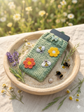 Handmade Knitted Phone Sleeve with Bee and Flower Patches, Green Cell Phone Sock, Cute Aesthetic Phone Pouch, Gift for Nature Lovers