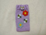 Handmade Knitted Phone Sleeve with Bee and Flower Patches, Green Cell Phone Sock, Cute Aesthetic Phone Pouch, Gift for Nature Lovers