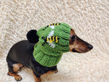 Bee Dog hat print designer handmade festive holiday clothes pet beanie costume, warm winter cap for dachshund with pompom