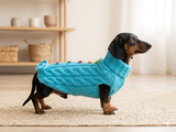 Dog sweater with aran bow and wooden buttons, dachshund clothing outfit