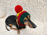 Multi-Color Striped Dog Snood: Hand-Knit Pom-Pom Beanie for Dachshunds