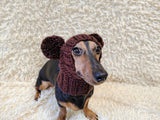 Hand-Knitted Dachshund Snood with Pompoms, Funny Dog Hat for Small Breeds, Animal Style Knitted Dog Hood, Cozy Dachshund Winter Headwear