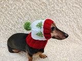 Christmas trees Dog Hat PomPom, Designer Pet Party Clothes outfit, Warm Winter knitted Dachshund cap with Pattern, gift for dogs lover
